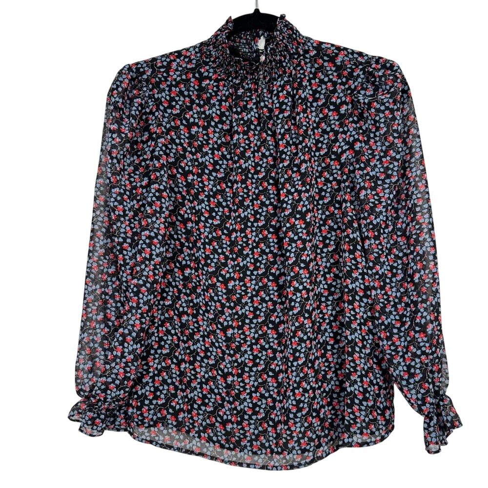 1 State Black Red Floral Print Blouse Women XS Fall Peasant Shirt Top High Neck